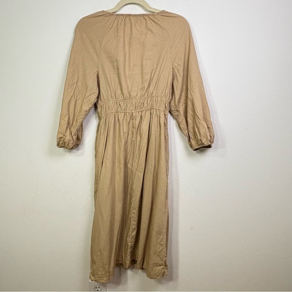 Target Universal Thread Linen Prairie Milkmaid Peasant Midi V Neck Dress Wheat S - Picture 6 of 15